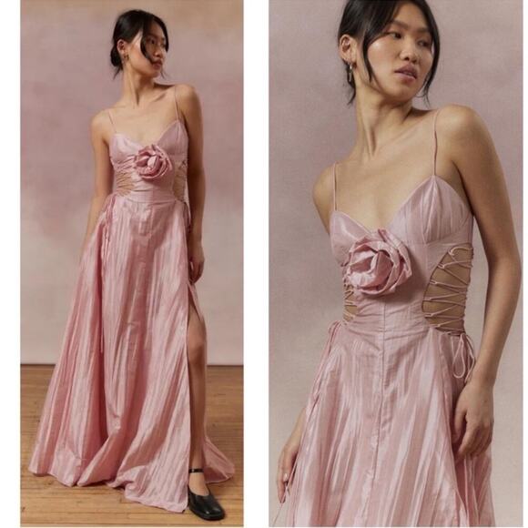 For Love & Lemons Gwenyth Rosette Lace Up Side Cutout Pink Maxi Gown Size Medium - Picture 3 of 12